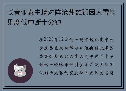 长春亚泰主场对阵沧州雄狮因大雪能见度低中断十分钟 长春亚泰主场对阵沧州雄狮因大雪能见度低中断十分钟